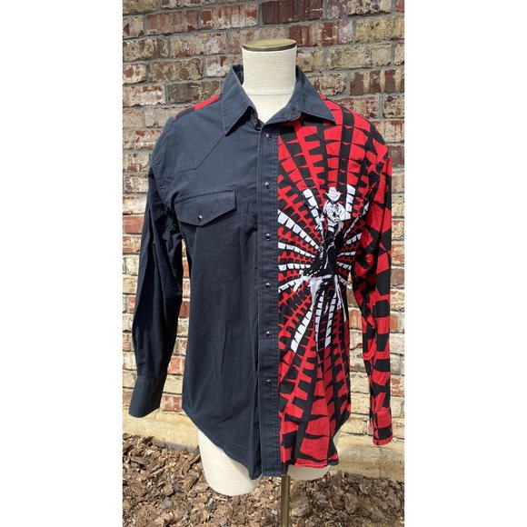 Wrangler Mens Large Bullriding Black & Red Graphic Snap Cotton Western Shirt GUC